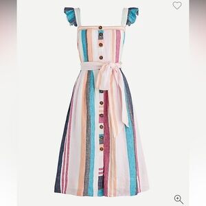 J. Crew Button Front Linen Midi Dress size 4 Mixed Stripe Pockets multicolor